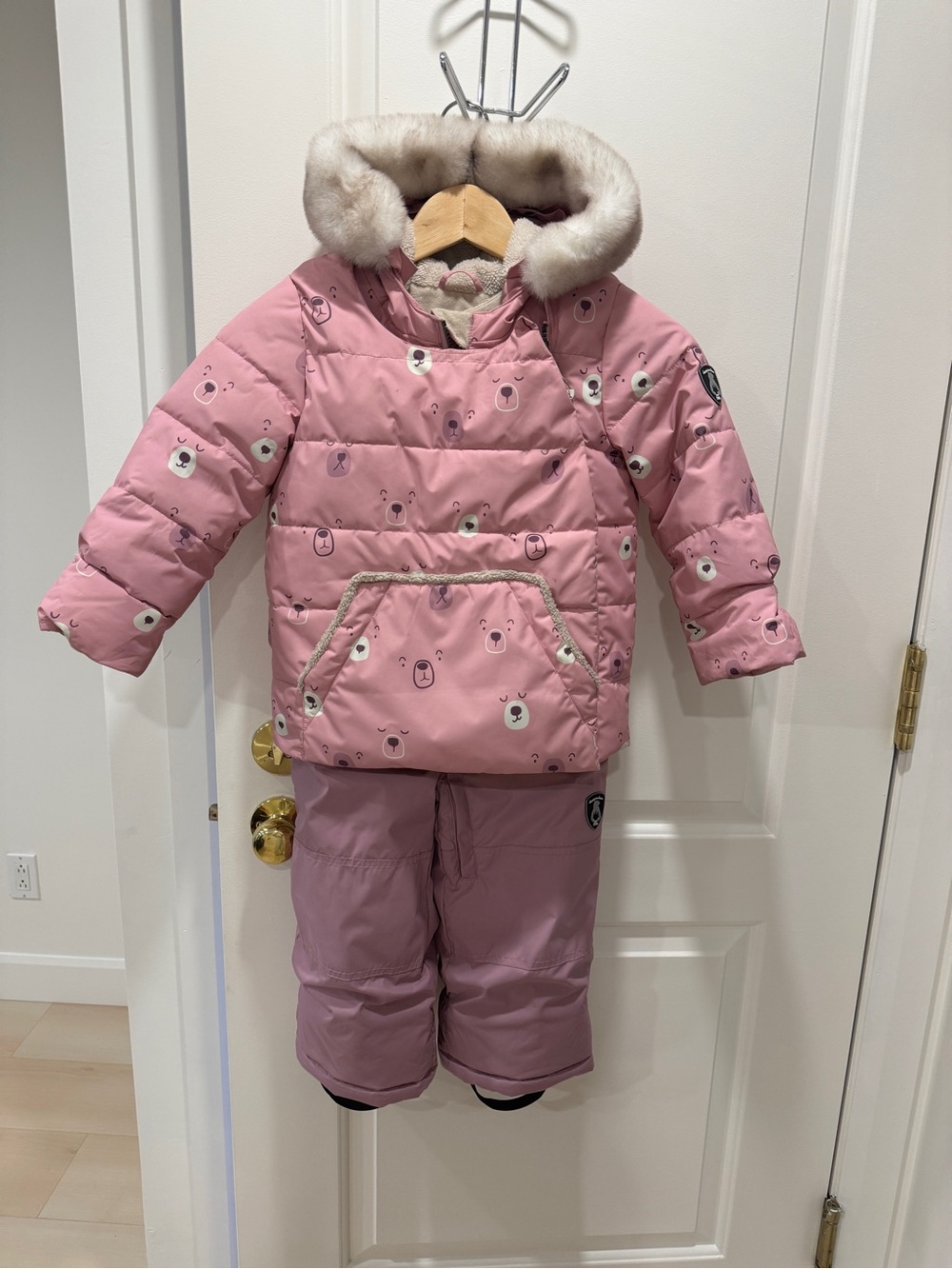 deux par deux Pink Puffer Jacket and Snow Pants Set with Faux Fur Hood